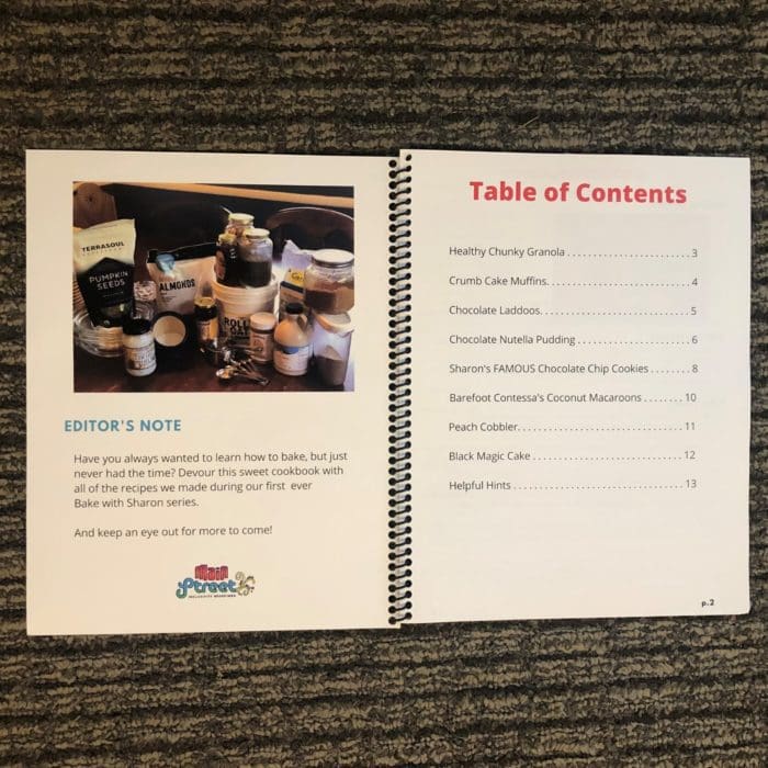 Table of Contents of Main Street Bake with Sharon Cookbook