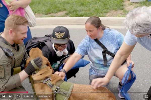 Main Street Neighborhood Health and Safety Day participants petting a police dog in Rockville Channel 11 video